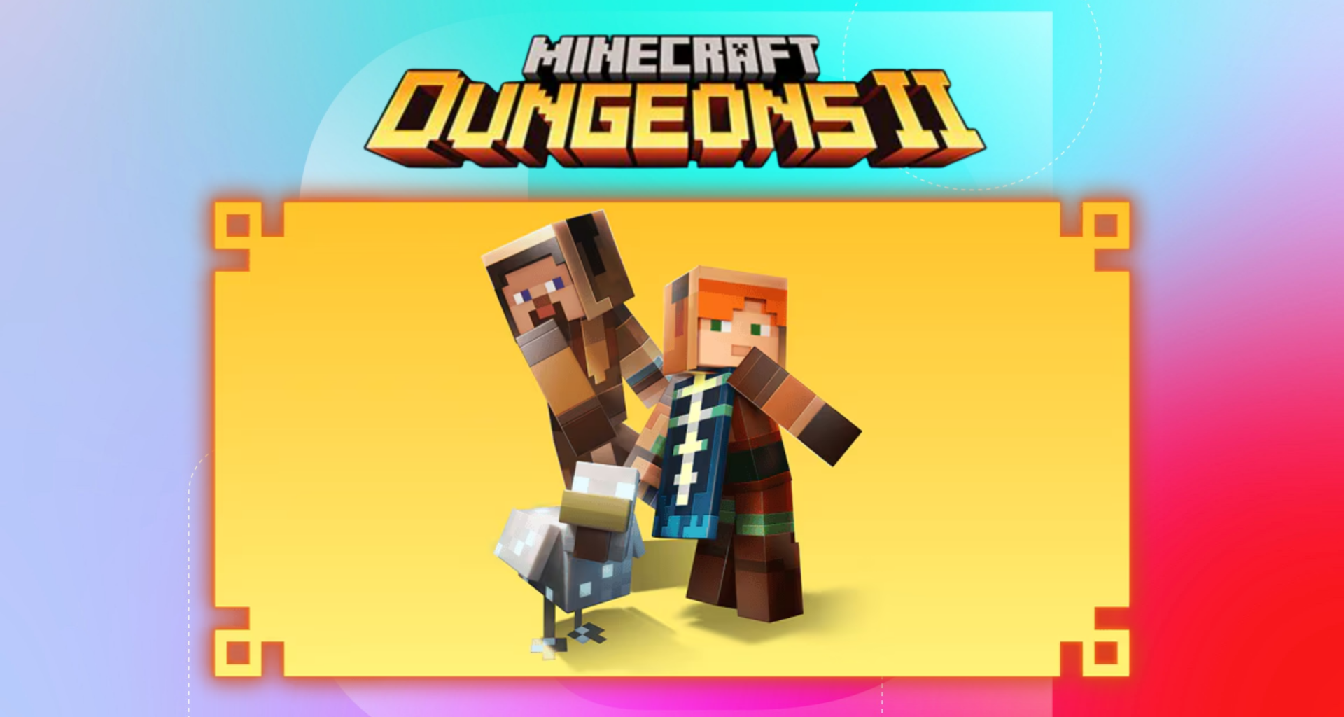 The logo for Minecraft Dungeons 2 and an image showing preorder bonuses of skins, capes and pets is shown on a blue and red background.