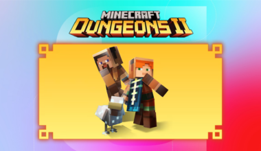 The logo for Minecraft Dungeons 2 and an image showing preorder bonuses of skins, capes and pets is shown on a blue and red background.