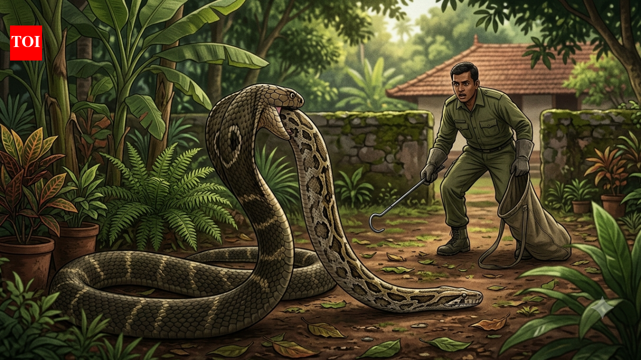 12-ft king cobra swallows python in Karnataka garden; rescuer arrives as giant snake regurgitates its unusual meal during rescue |