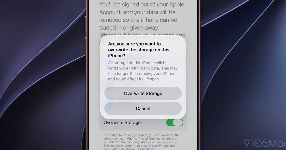 iOS 27.2 has option to overwrite iPhone storage with blank data