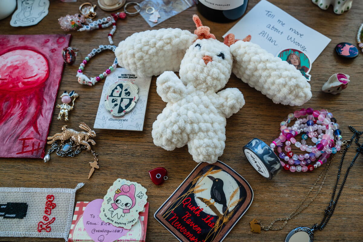 "Bunny" author Mona Awad's spread of her fan art and gifts in her home in La Jolla.