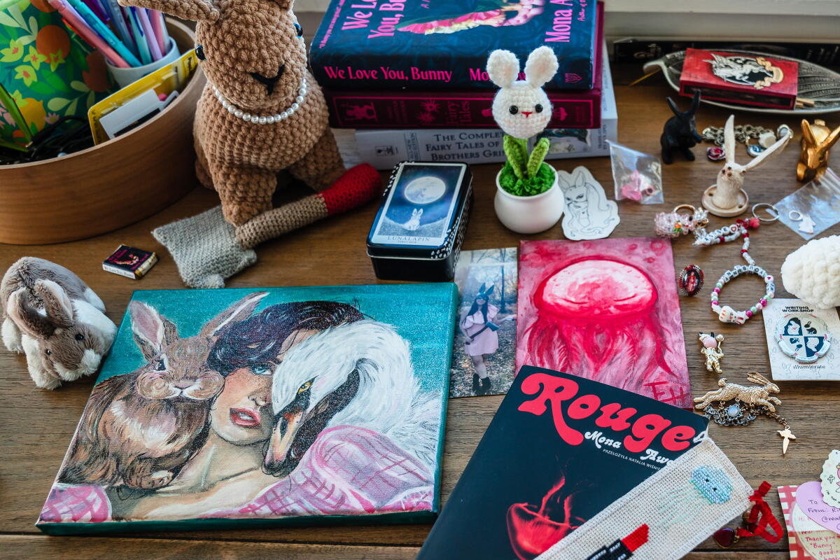 "Bunny" author Mona Awad's spread of her fan art and gifts in her apartment in La Jolla.
