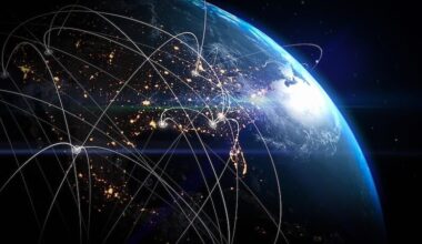earth from space at night with sweeping network lines