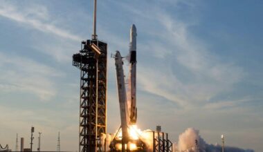 A SpaceX Falcon 9 rocket carrying the company’s Dragon spacecraft launches NASA’s SpaceX Crew-10 mission to the International Space Station on March 14, 2025.