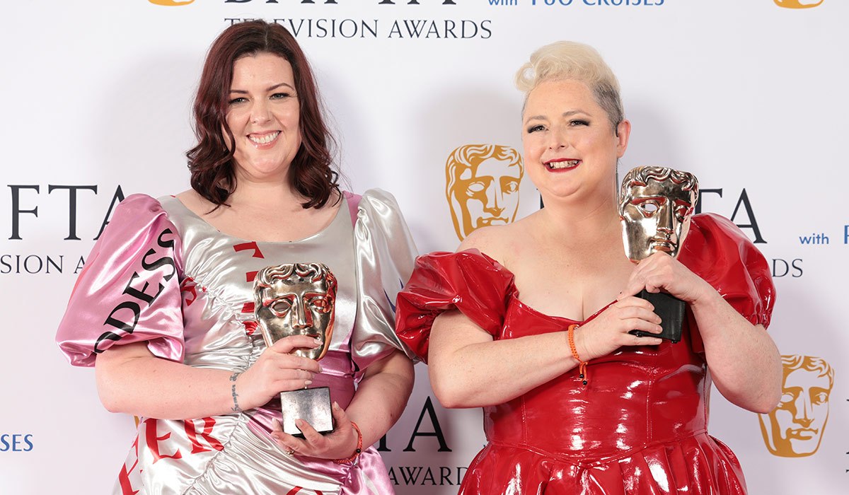 Lisa McGee and Siobhán McSweeney after receiving the Scripted Comedy Award for 'Derry Girls' at the 2023 BAFTA Television Awards