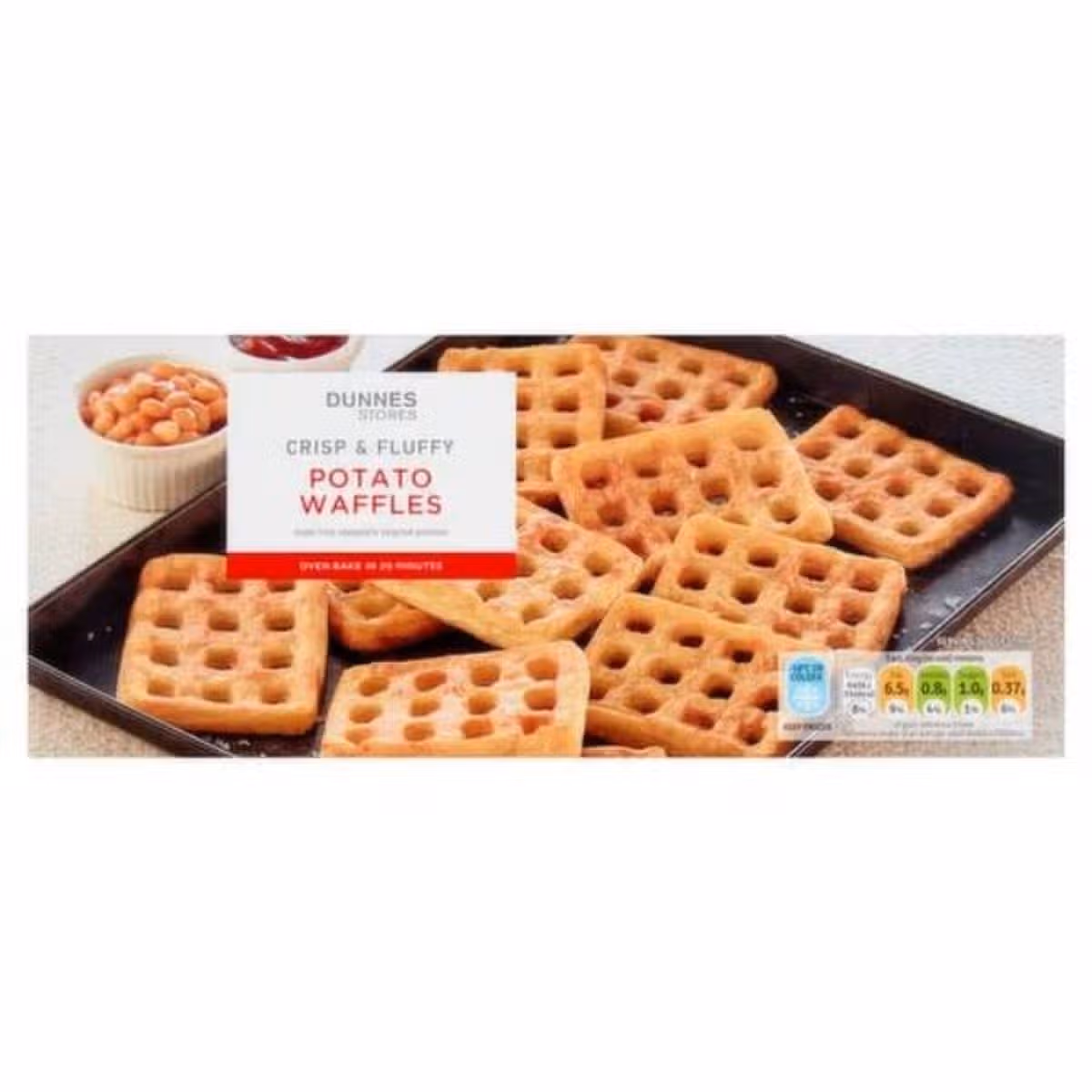 "An image displays a tray containing multiple golden-brown potato waffle bites, arranged neatly, with a small white bowl of ketchup on the side. A white label with red text indicates the product as 'Potato Waffles'."