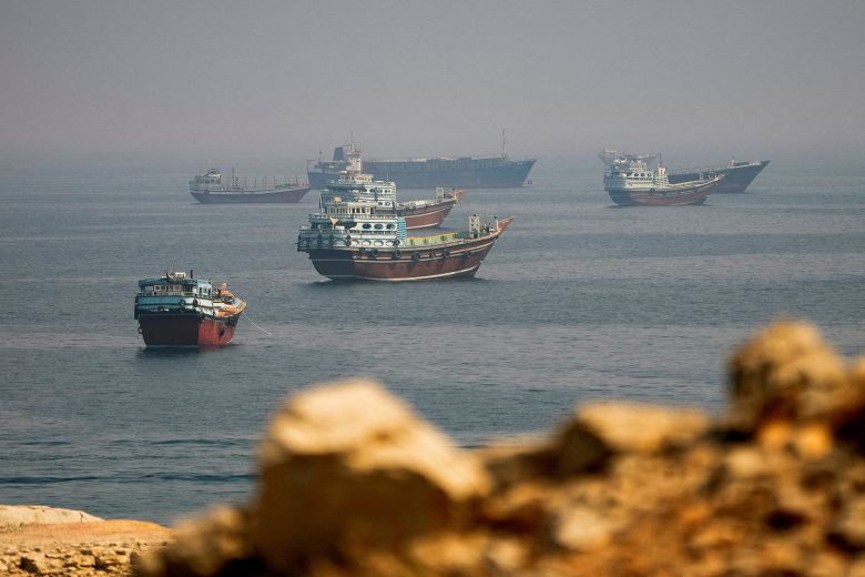 Vessels near the Strait of Hormuz, as seen from Musandam, Oman, on August 31, 2026.