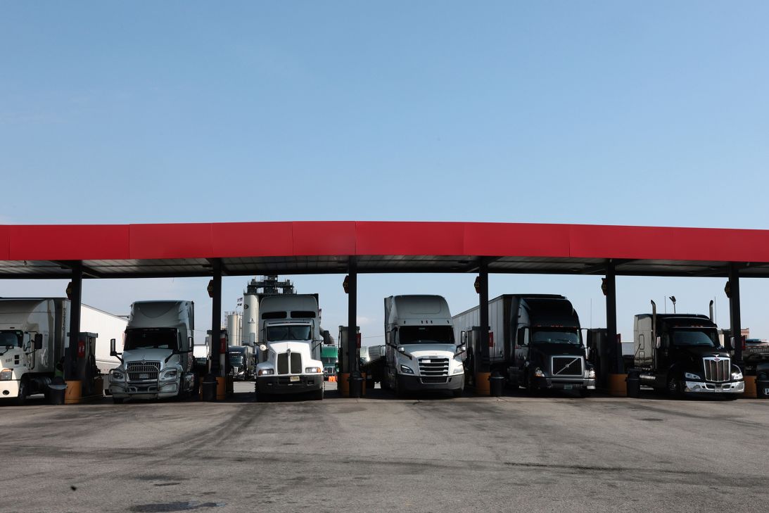 Trucks are parked at a Pilot gas station on September 17, 2026, in Newark, New Jersey.