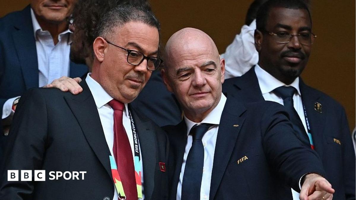 Fouzi Lekjaa, president of the Royal Moroccan Football Federation, with Fifa president Gianni Infantino during Morocco's World Cup game against the Netherlands in June 2026