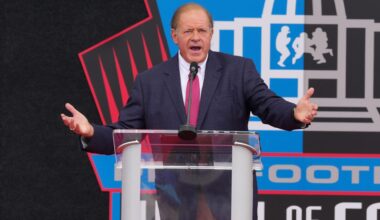 Aug 8, 2026; Canton, OH, USA; Chris Berman moderates the Pro Football Hall of Fame enshrinement at Tom Benson Hall of Fame Stadium. Mandatory Credit: Kirby Lee-Imagn Images
