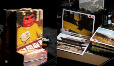 A split-screen view shows a deck of playing cards featuring a person in a red mask on the left, and several cards displaying landscape and street photography on the right.