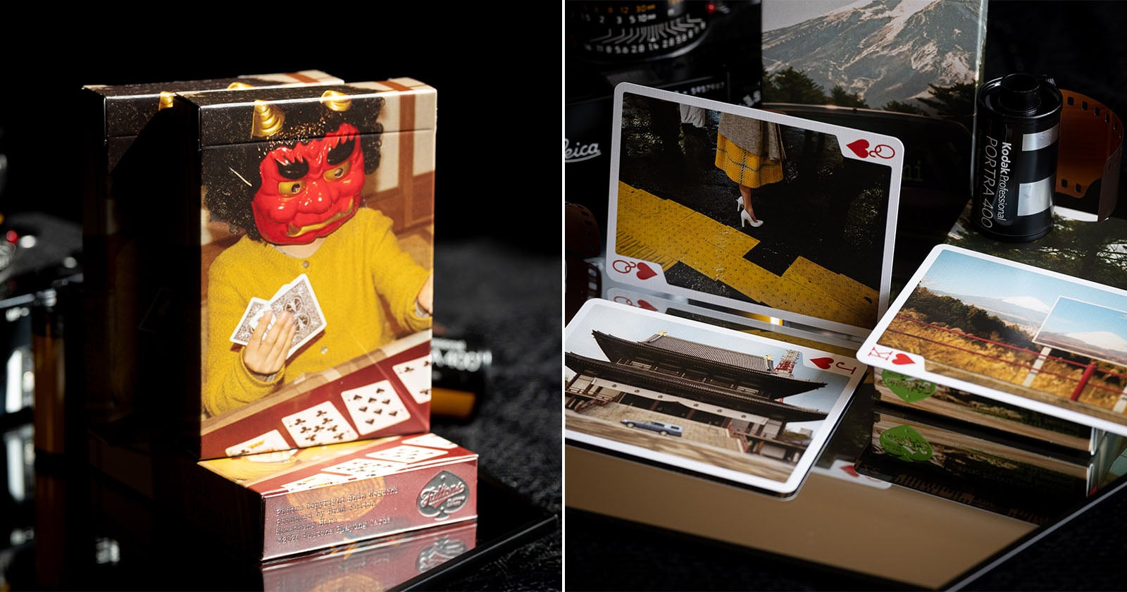 A split-screen view shows a deck of playing cards featuring a person in a red mask on the left, and several cards displaying landscape and street photography on the right.