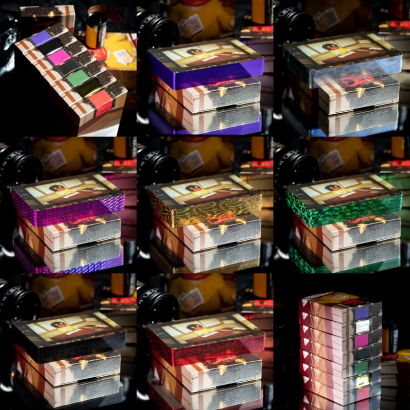 A collage of nine photos showcasing stacks of playing cards with various holographic and colored edge designs, featuring the name Shin Noguchi on the boxes.