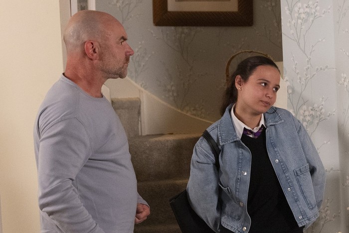 Tim and a drunken Lucy in a scene from Corrie