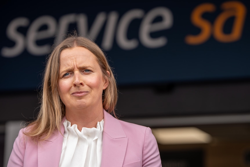 South Australian politician Emily Bourke at a media conference.