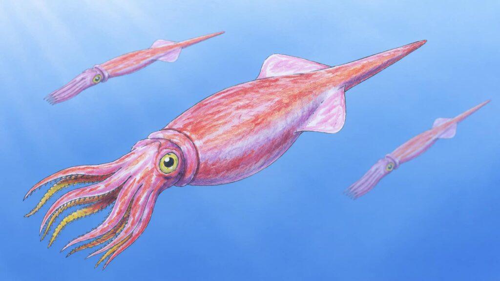 AI Illustration of three belemnite squids swimming together 