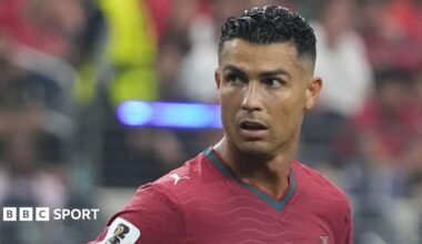 Cristiano Ronaldo looks on during Portugal's defeat by Spain at the 2026 World Cup