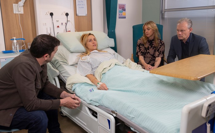 Nick, Toyah and Ben sit around Eva's hospital bed in Corrie