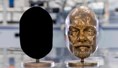 The bronze cast on the left is coated with Vantablack 310, a paint that could help dim bright satellites if space tests prove successful. Credit: Surrey NanoSystems