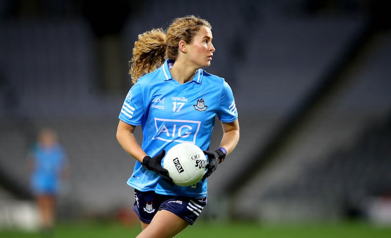 Sarah McCaffrey in action for Dublin during their victorious 2020 All-Ireland Senior Football Championship final against Cork at Croke Park. Photograph: Ryan Byrne/Inpho