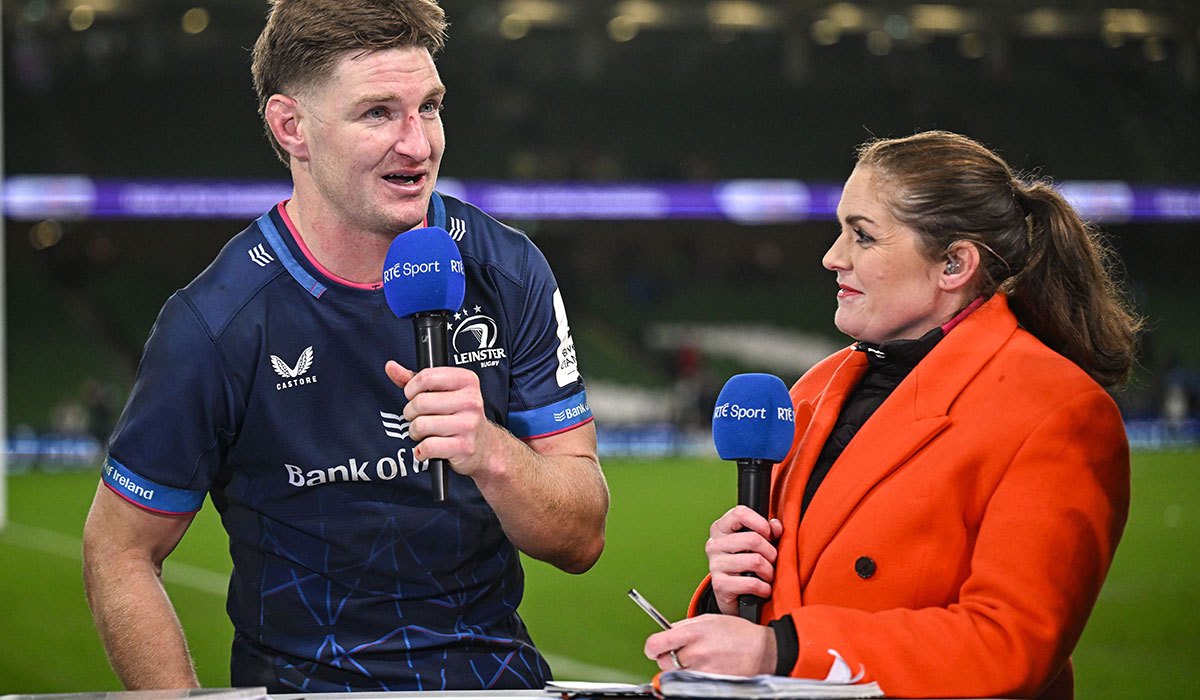 14 December 2024; Jordie Barrett of Leinster is interviewed by Fiona Coghlan on RTE television after the Champions Cup Pool 2 match between Leinster and ASM Clermont Auvergne at the Aviva Stadium in Dublin. Photo by Sam Barnes/Sportsfile