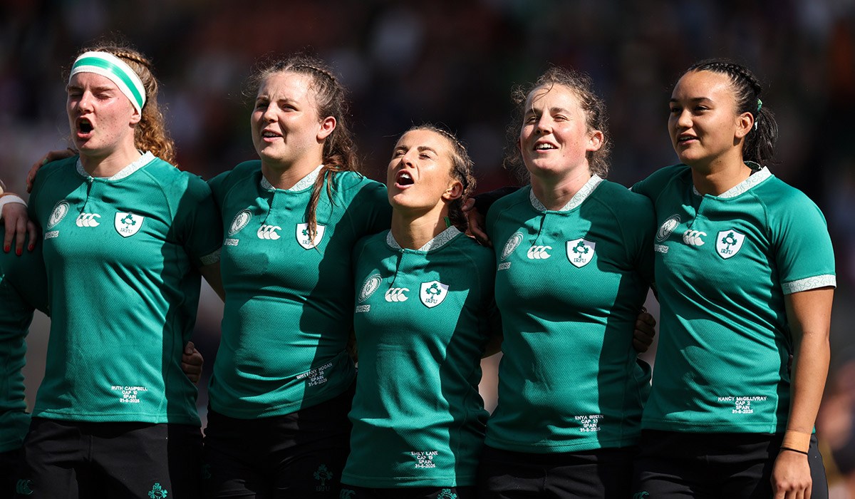31 August 2025; Ireland players including Emily Lane, centre, sing Ireland's Call before the Women's Rugby World Cup 2025 Pool C match between Ireland and Spain at Franklin's Gardens in Northampton, England. Photo by Harry Murphy/Sportsfile