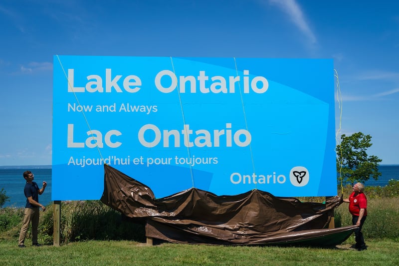 A sign for Lake Ontario at the Fifty Point Conservation Area in Grimsby. Photograph: Keito Newman/The Canadian Press via AP
