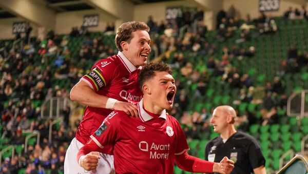 Owen Elding celebrates scoring for Sligo Rovers. Credit: INPHO/James Lawlor