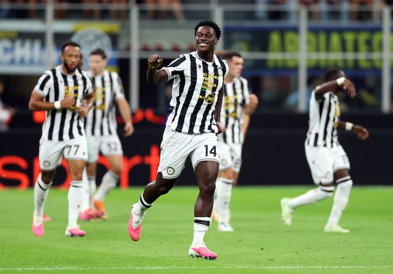 James Abankwah celebrates scoring for Udinese against Inter Milan at the San Siro in Milan on Monday. Photograph: Claudio Villa/Getty Images