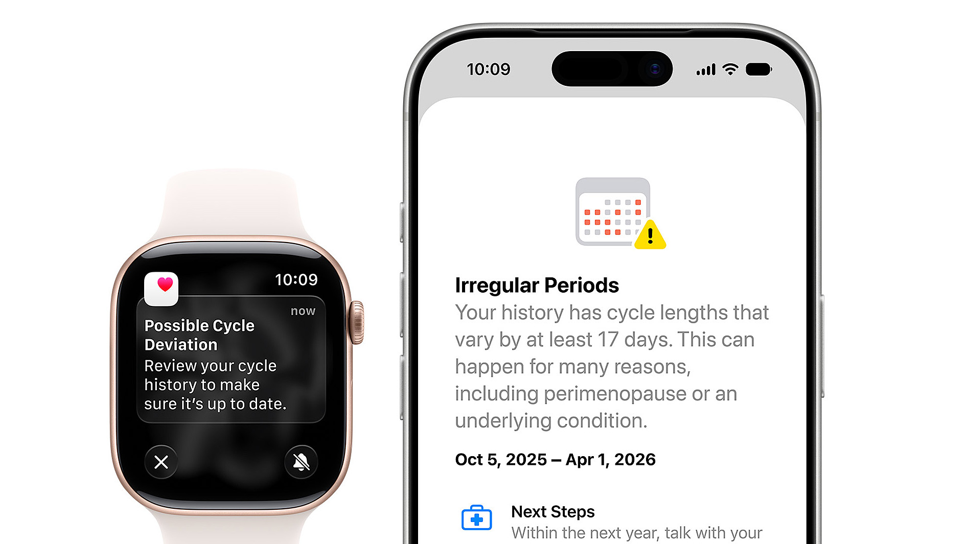 A screenshot of the Apple Watch and iPhone showing improved women's health tracking features