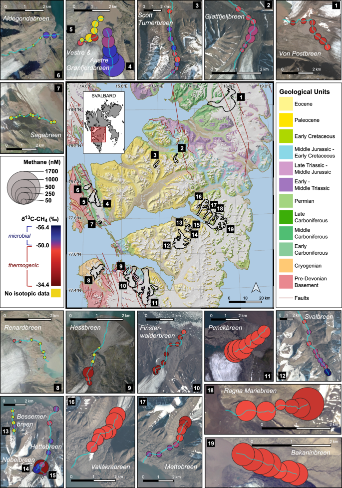 Fig. 1: Overview of river sampling sites and corresponding methane concentrations.