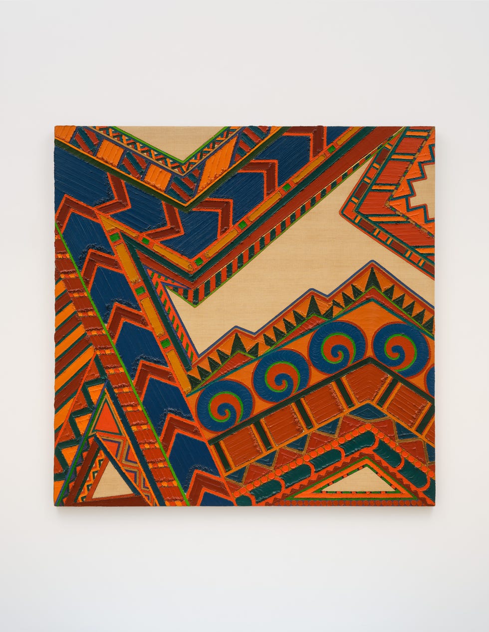 Colorful geometric patterns with orange, blue, green, and natural wood tones arranged in a vibrant composition.