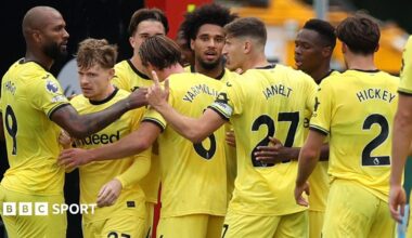 Kevin Schade of Brentford celebrates scoring his team’s first goal during the Premier League 2026/27 match between AFC Bournemouth and Brentford at Vitality Stadium