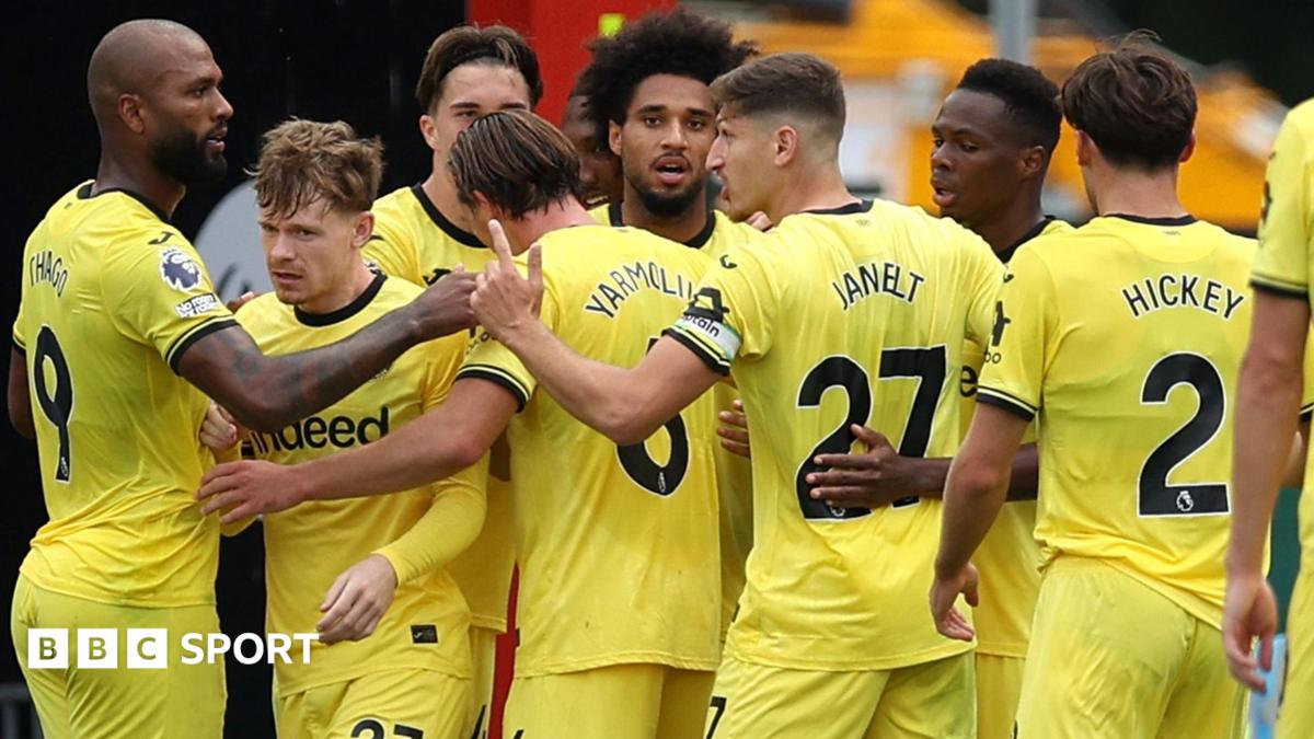Kevin Schade of Brentford celebrates scoring his team’s first goal during the Premier League 2026/27 match between AFC Bournemouth and Brentford at Vitality Stadium