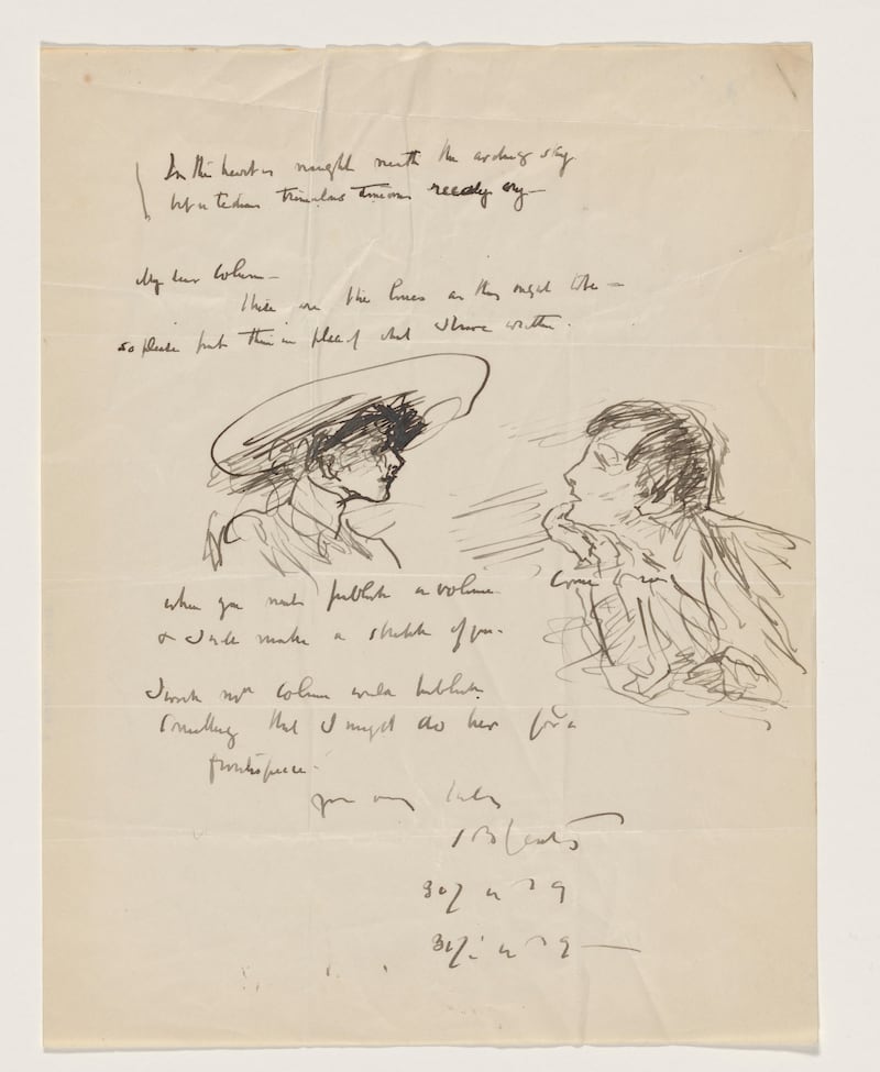 Sketch of the Colums by John Butler Yeats from letter to Padraic Colum, undated [c June 1921]. Image: Courtesy of The Henry W and Albert A Berg Collection of English and American Literature, New York Public Library