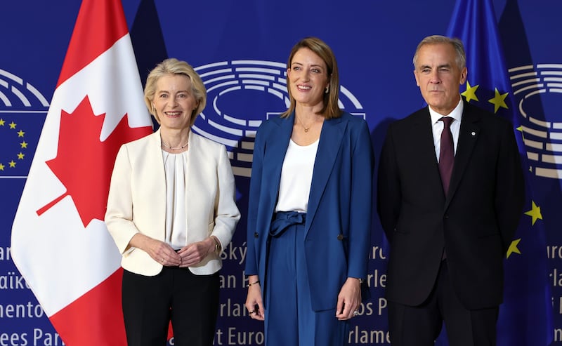European Commission president, Ursula von der Leyen and European Parliament president, Roberta Metsola with the prime minister of Canada, Mark Carney, at the European Parliament in Strasbourg. Photograph: EPA