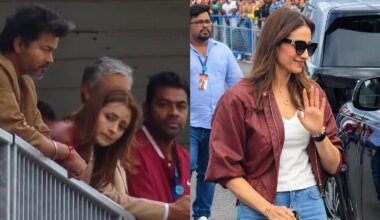 Trisha Krishnan Rocks Maroon Bomber Jacket, Denims As She Joins Vijay At Ajith Kumar's Silverstone Race
