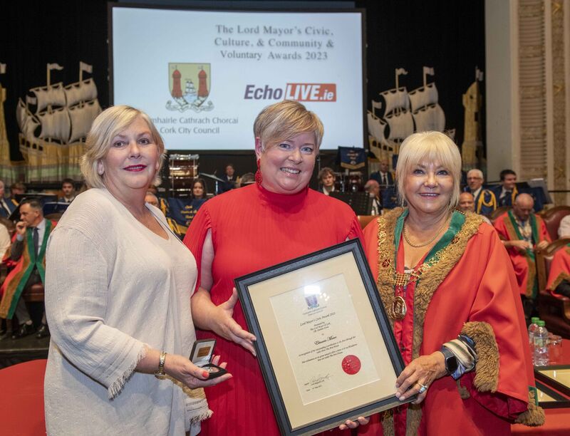 Elmarie Mawe, receiving a Civic Award from then Lord Mayor of Cork, Cllr Deirdre Forde and Ann Doherty, former chief executive of Cork City Council in recognition of her outstanding contribution to the Arts through her radio show The Arts House. File picture: Brian Lougheed