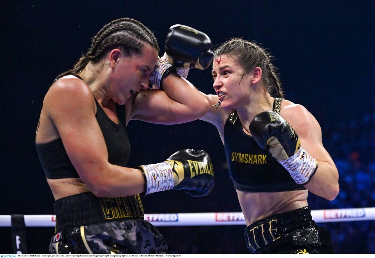 Katie Taylor, right, and Chantelle Cameron during their undisputed super lightweight championship fight at the 3Arena in Dublin in 2023. Picture: Stephen McCarthy/Sportsfile