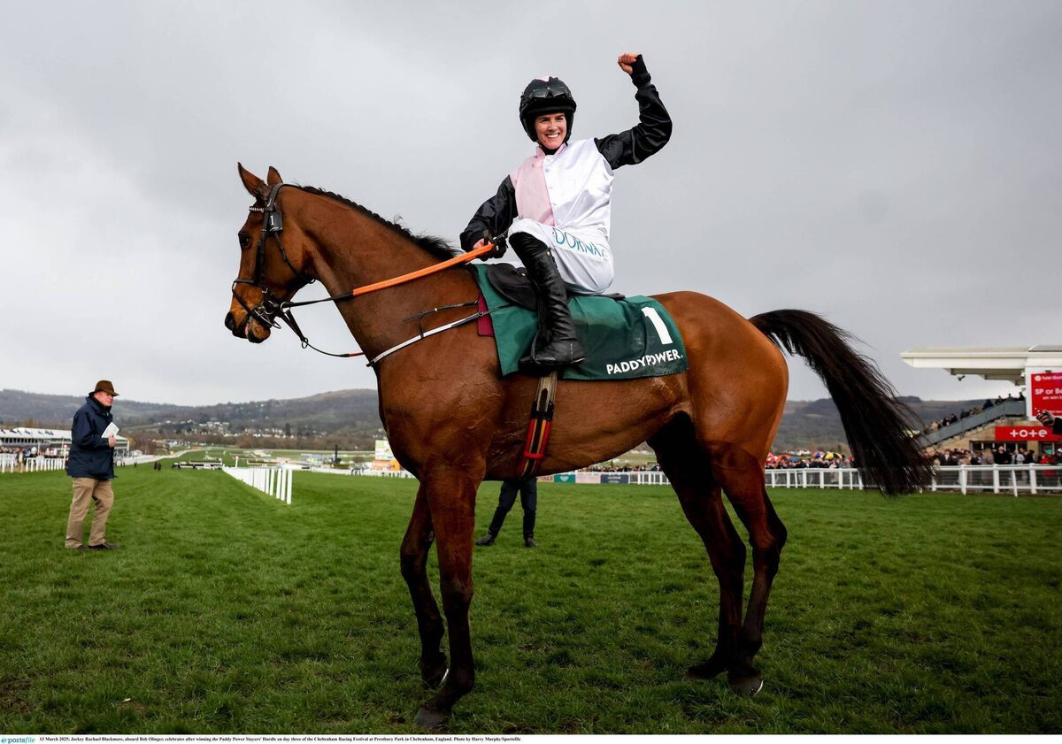 Rachael Blackmore, aboard Bob Olinger, celebrates after winning the Paddy Power Stayers' Hurdle on day three of the Cheltenham Racing Festival. Picture: Harry Murphy/Sportsfile