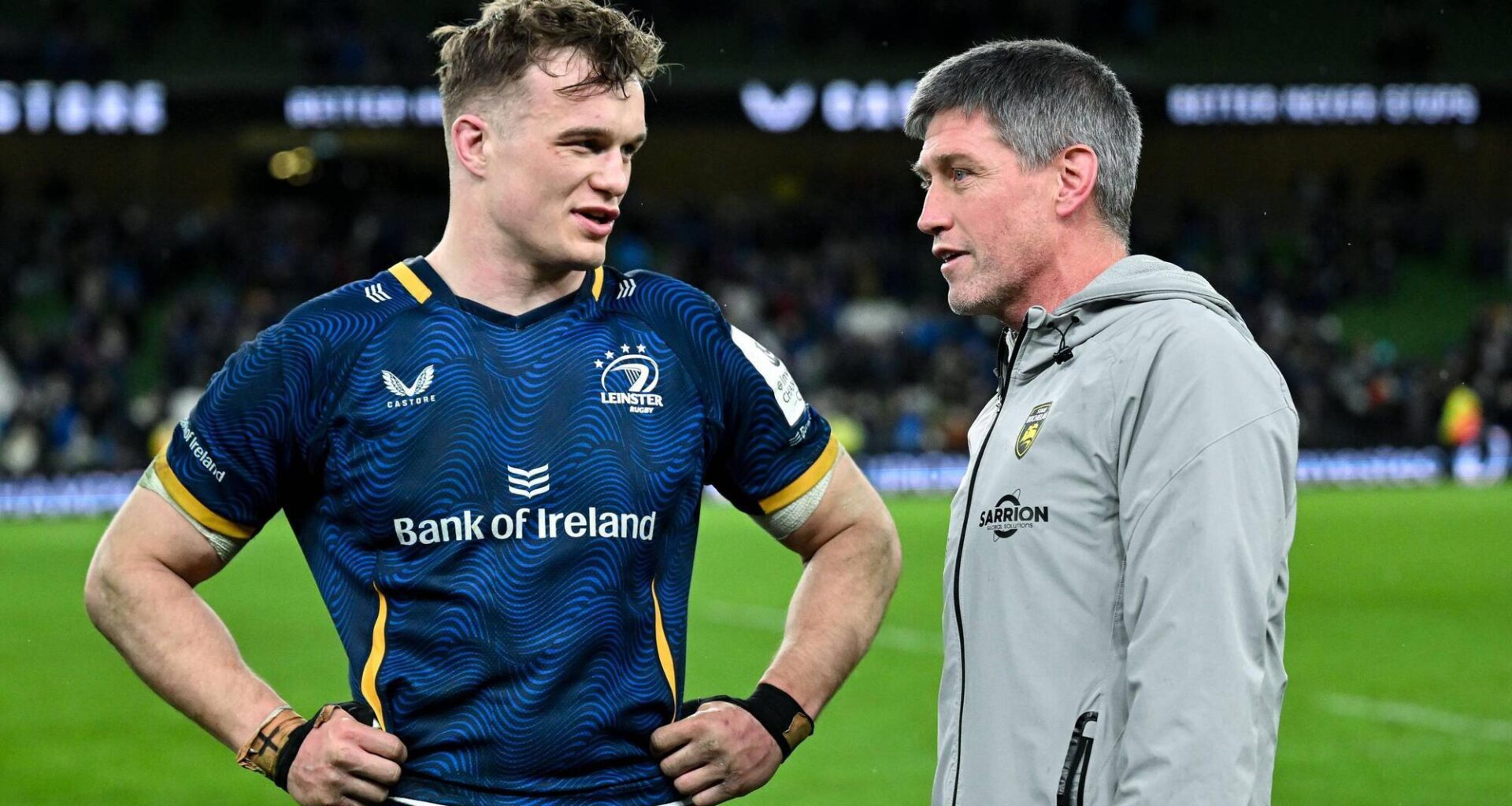RESPECT: Leinster's Josh van der Flier chatting to La Rochelle head coach Ronan O'Gara after their Champions Cup match at the Aviva Stadium in Dublin. Pic: Brendan Moran/Sportsfile