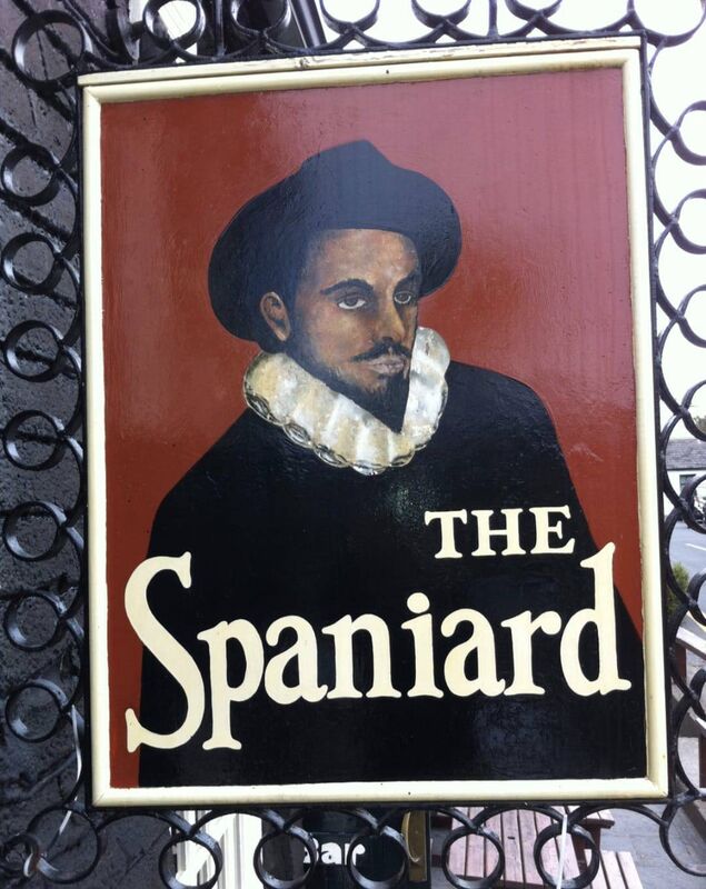 The sign for The Spaniard Inn - the name over the door remains that of the 17th centuyry Spanish commander, Don Juan D’Aquila 