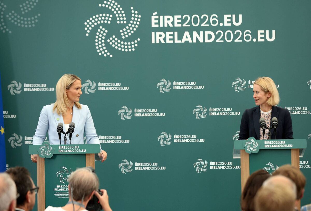 Helen McEntee and Kaja Kallas take part in a joint press conference at Druids Glen, Co Wicklow. The EU on September 2 said it had summoned Russia's top diplomat as it eyed sanctions after a drone incident in Germany that the bloc's foreign policy chief said bore the marks of 'state-sponsored terrorism'. Picture: Paul Faith/AFP