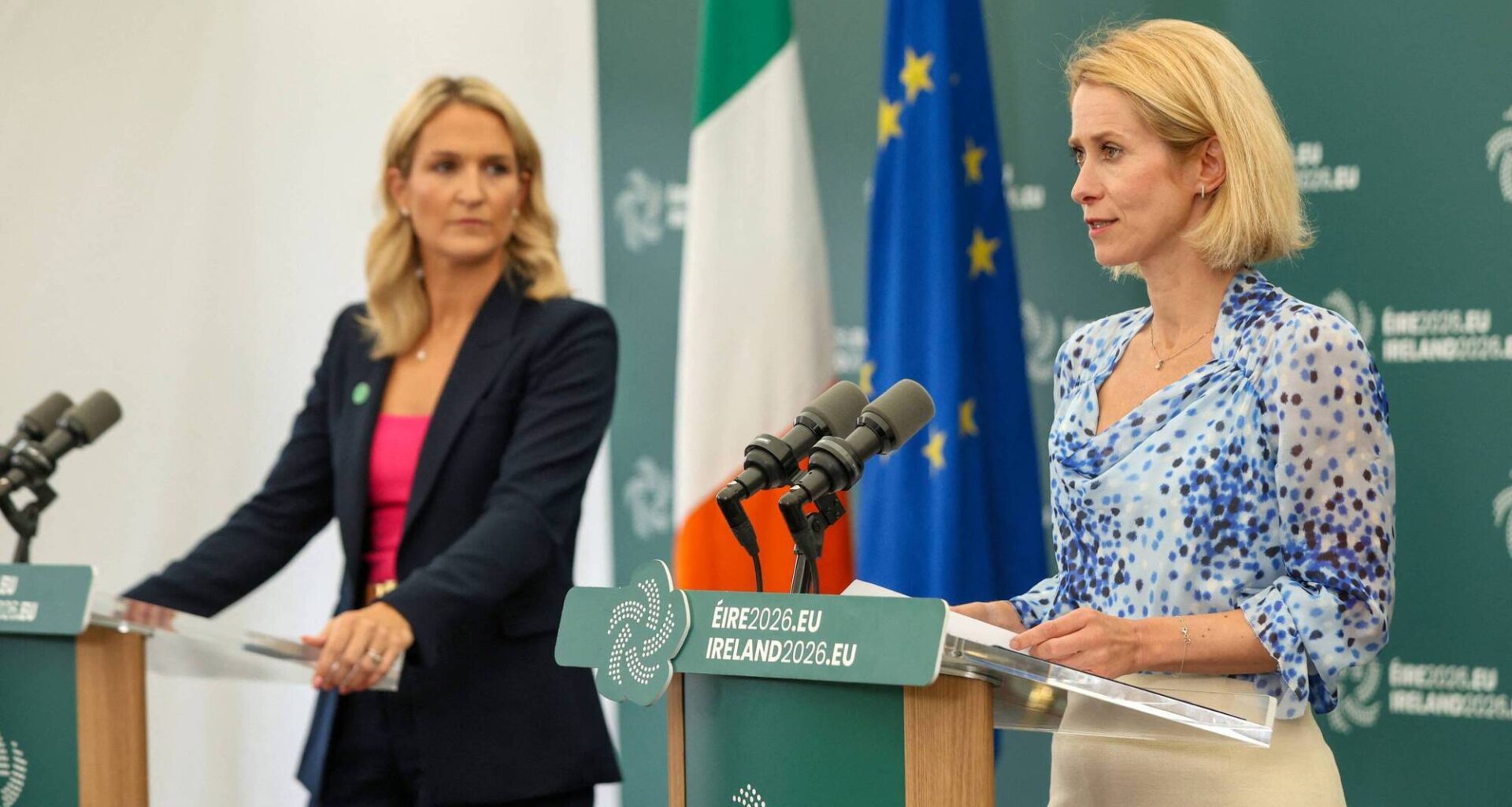 European Commission high representative and vice president Kaja Kallas (R) and defence and foreign affairs minister Helen McEntee during a meeting of EU defence ministers in Wicklow to discuss bolstering Ukraine’s air defences amid growing worries over Russia’s campaign to destabilise Kyiv’s European backers. Picture: Paul Faith/AFP