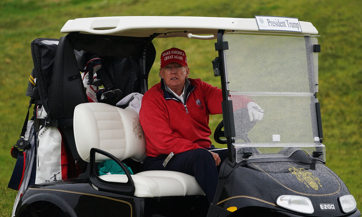 US president Donald Trump on the 15th hole at Trump International Golf Links & Hotel in Doonbeg, Co. Clare, during his visit to Ireland in 2023. Picture: Brian Lawless/PA