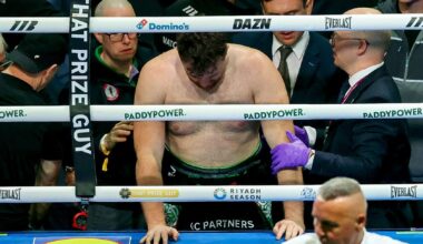Thomas Carty rises to his feet after falling out of the ring. Piic INPHO/Ben Brady