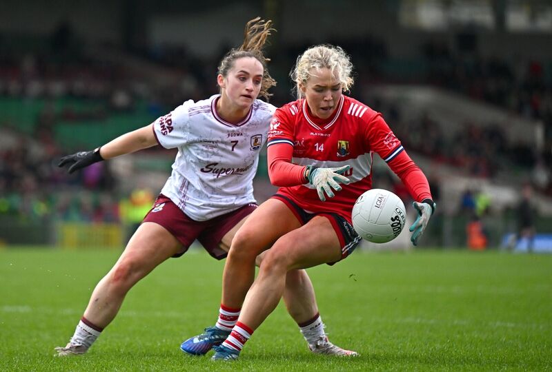 Katie Quirke of Cork in action against Brónagh Quinn of Galway during the Lidl Ladies National Football League Division 1 final match between Cork and Galway at TUS Gaelic Grounds, Limerick. Photo by Sam Barnes/Sportsfile