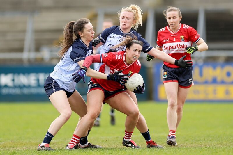 Dublin vs Cork: Cork's Shauna Kelly with Michelle Davoren and Carla Rowe of Dublin