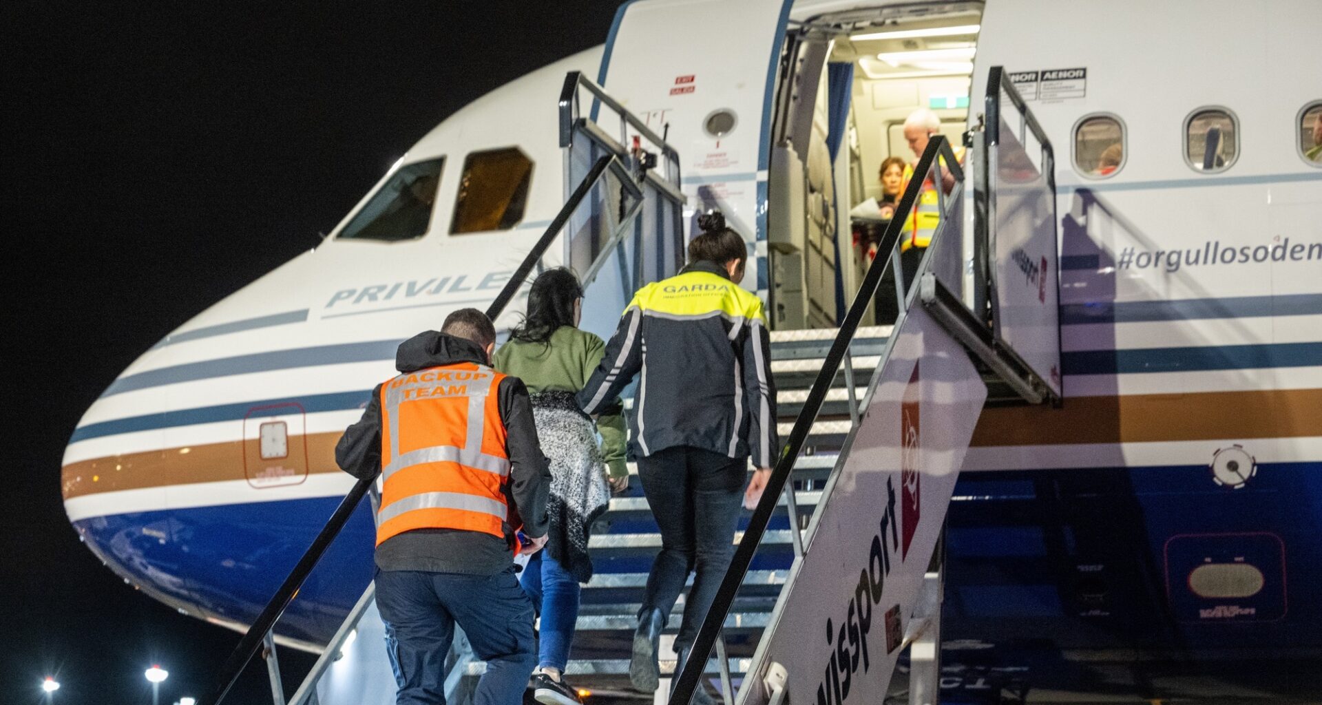 Gardaí escort deportees onto a plane during last year's Operation Trench, when the Irish Examiner's Cormac O'Keeffe and Chani Anderson were given exclusive access to a deportation flight to see how the system works. See link below to 'Inside Ireland's deportation system'. Picture Chani Anderson