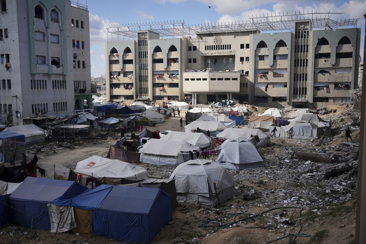Tents for displaced Palestinians set up at the Islamic University of Gaza compound in April 2025. File picture: AP/Jehad Alshrafi